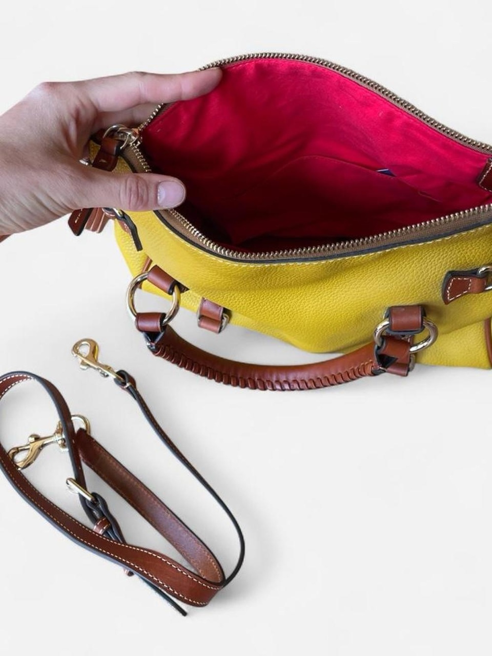 Dooney & Bourke Mustard Yellow Pebbled Leather Satchel with Brown Trim - Picture 5 of 7
